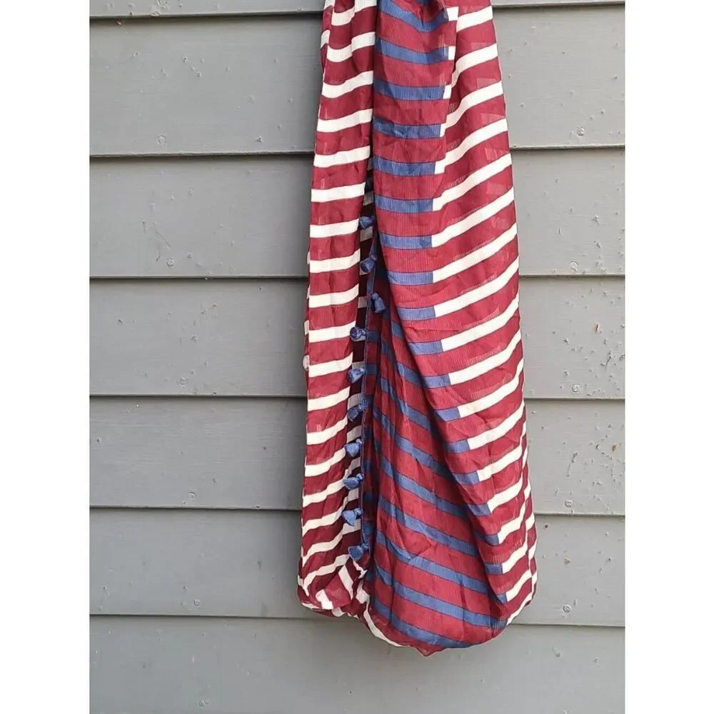 Burgundy Blue White Stripe Infinity Scarf with Fringe